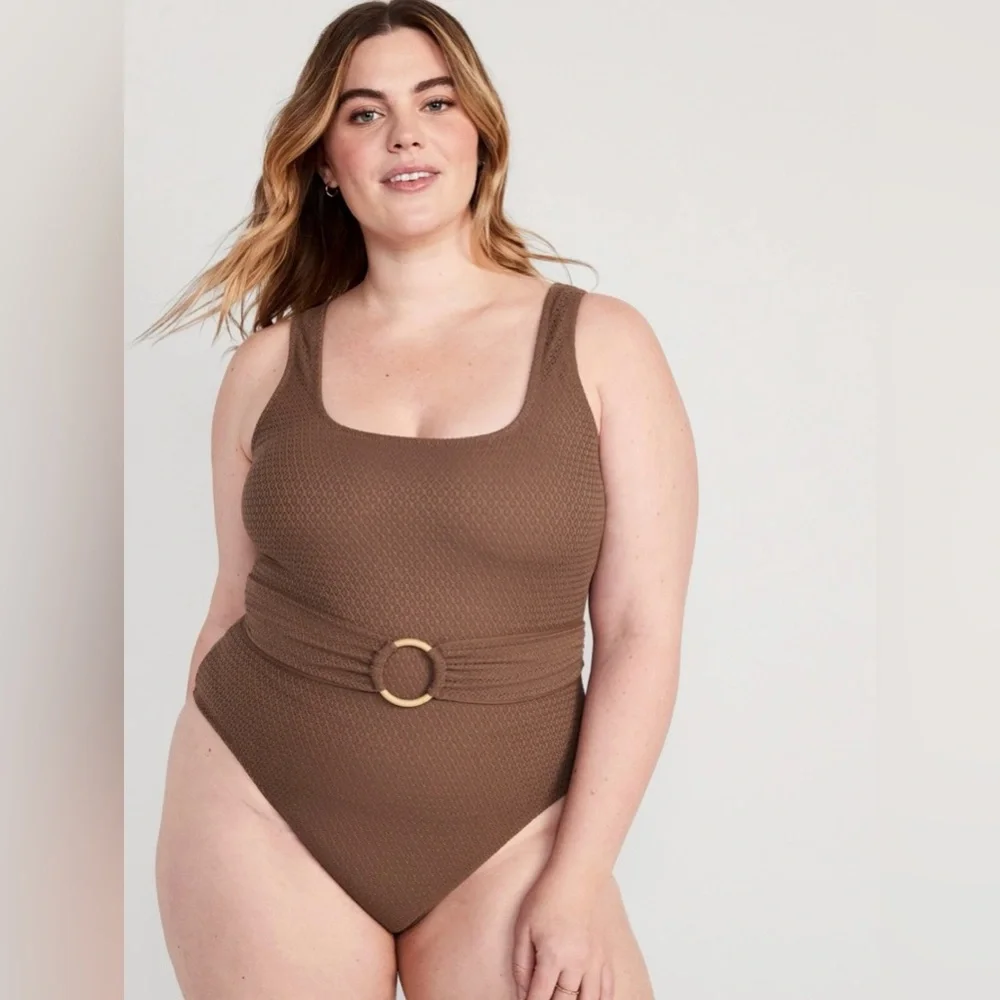 Old Navy Belted Crochet One Piece Swimsuit // Maplewood Brown